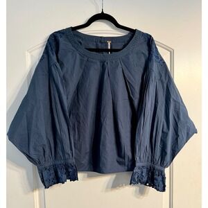 Free People Blouse Womens Small Navy Blue Embroidered Balloon Sleeve